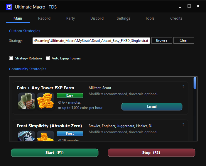 The Ultimate Macro window: a strategy file field with Browse and Clear buttons, a
								list of community strategies with their map, difficulty and income, and Start and
								Stop buttons.
